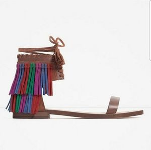 Zara Multi Color Fringe Leather Sandals Suede